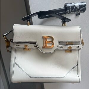 Balmain White Leather Satchel with Gold Accents